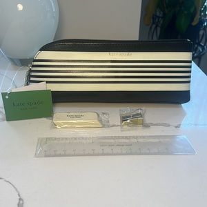 Kate Spade Black Stripe Pencil Case with Ruler, Eraser, Sharpener NWT